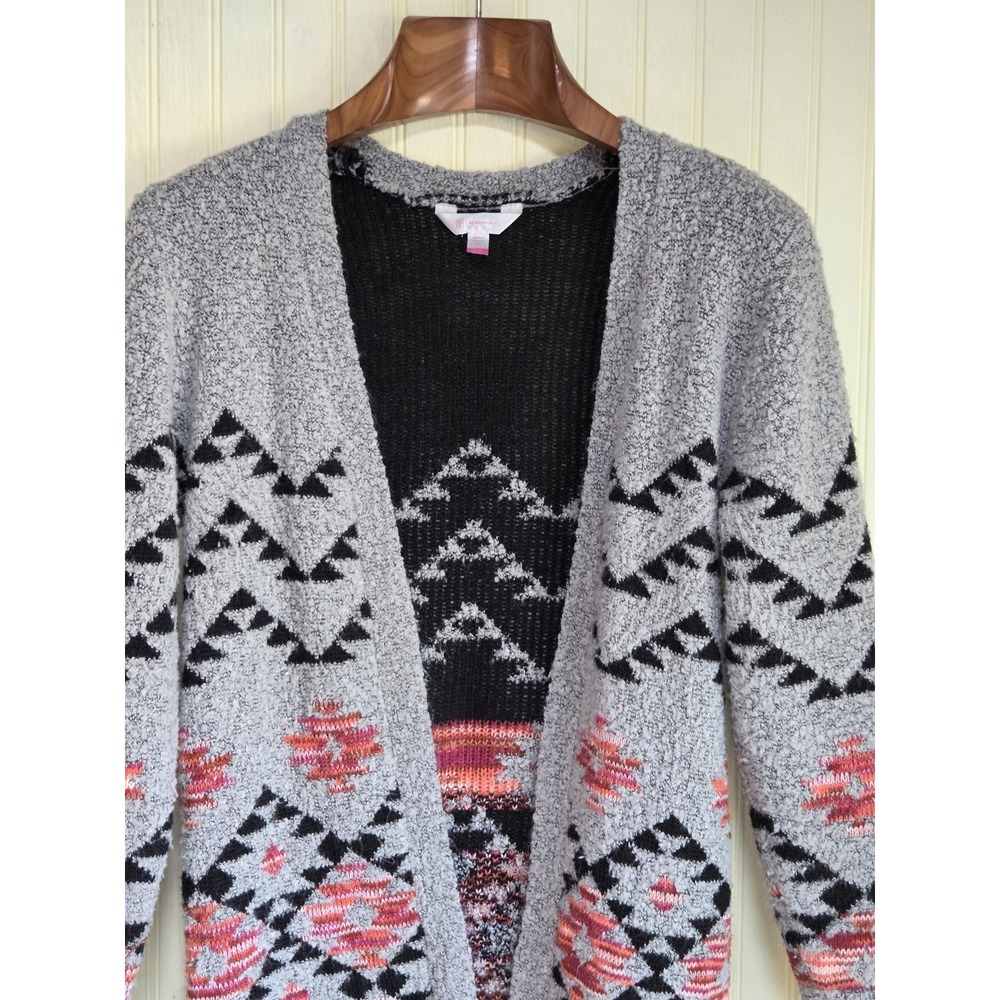 No Boundaries Cardigan‎ Sweater Juniors Small Gray Aztec Open Front Knit Cozy